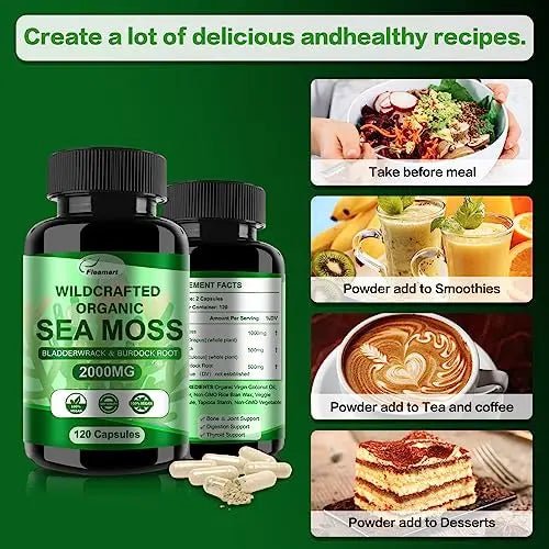 Fleamart 2 Pack Irish Sea Moss Capsules 120ct Raw Organic Sea Moss Wildcrafted Bladder - TrustMedUSA