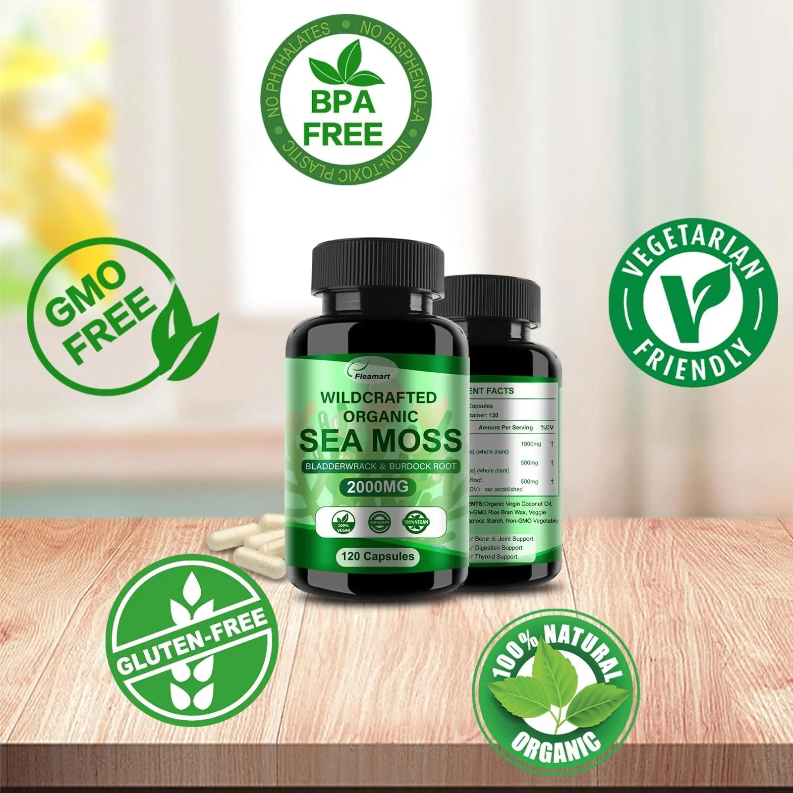 Fleamart Irish Sea Moss Capsules 120ct Raw Organic Sea Moss Wildcrafted Bladderwrack - TrustMedUSA