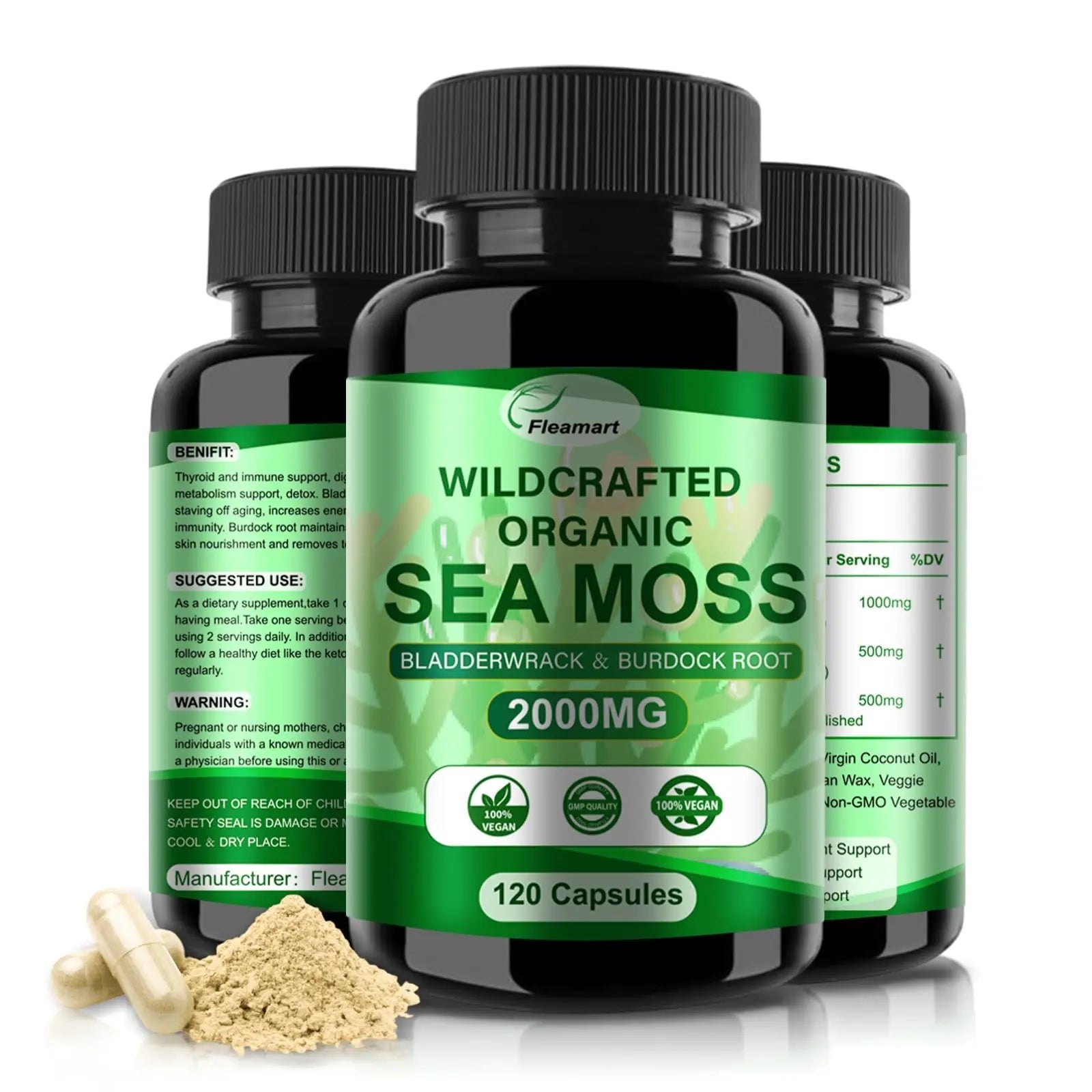 Fleamart Irish Sea Moss Capsules 120ct Raw Organic Sea Moss Wildcrafted Bladderwrack - TrustMedUSA