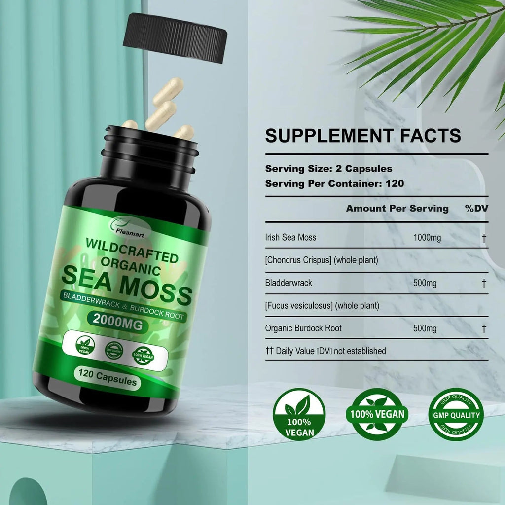 Fleamart Irish Sea Moss Capsules 120ct Raw Organic Sea Moss Wildcrafted Bladderwrack - TrustMedUSA
