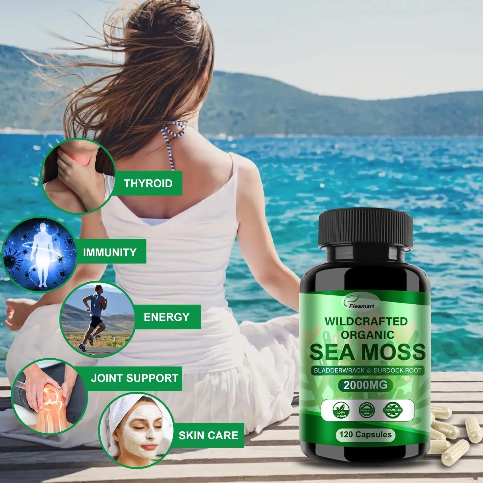 Fleamart Irish Sea Moss Capsules 120ct Raw Organic Sea Moss Wildcrafted Bladderwrack - TrustMedUSA