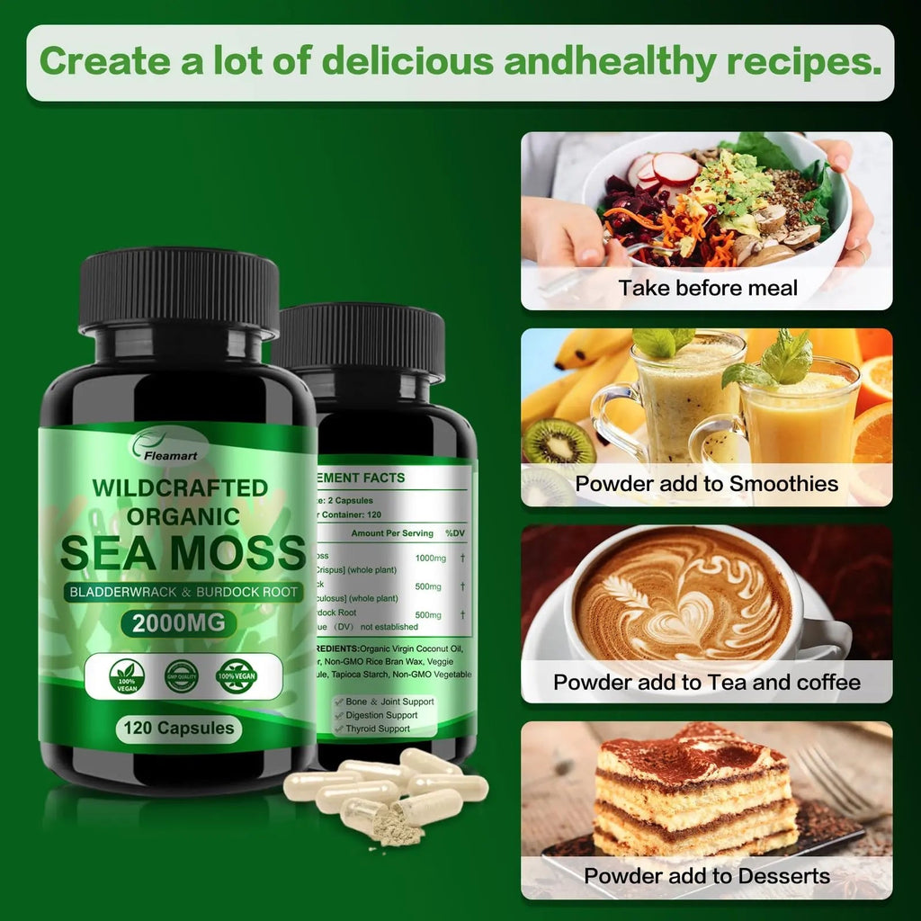 Fleamart Irish Sea Moss Capsules 120ct Raw Organic Sea Moss Wildcrafted Bladderwrack - TrustMedUSA