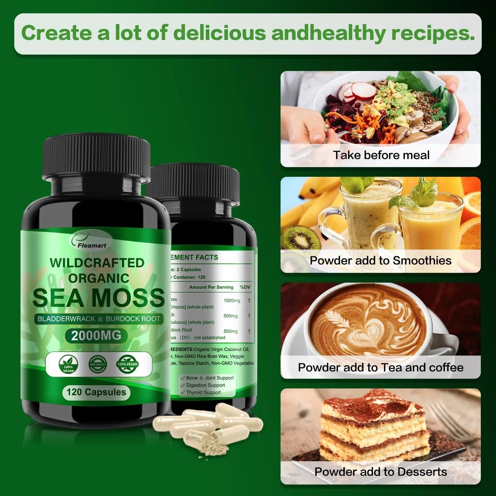 Fleamart Irish Sea Moss Capsules 120ct Raw Organic Sea Moss Wildcrafted Bladderwrack - TrustMedUSA