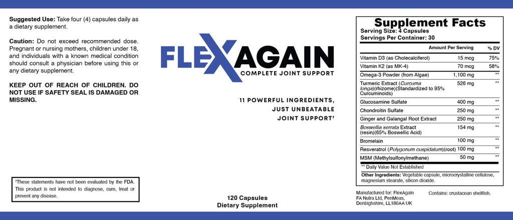 FlexAgain - Fully Comprehensive Joint Support - 120 Capsules - 1 Month Supply - TrustMedUSA