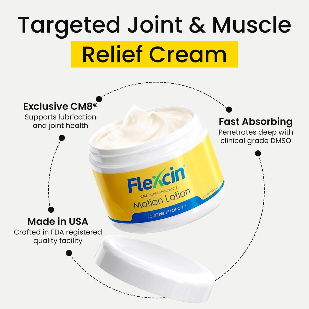 Flexcin Motion Lotion with CM8 - Joint & Muscle Therapy Cream for Back, Neck, Knee, Hand, Foot - Fast Absorbing with DMSO, Emu Oil, Aloe Vera - Non-Greasy 4oz Jar - TrustMedUSA