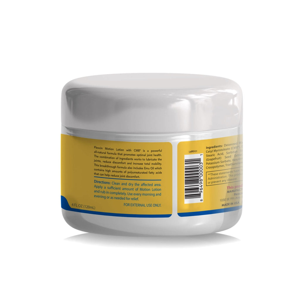 Flexcin Motion Lotion with CM8 - Joint & Muscle Therapy Cream for Back, Neck, Knee, Hand, Foot - Fast Absorbing with DMSO, Emu Oil, Aloe Vera - Non-Greasy 4oz Jar - TrustMedUSA