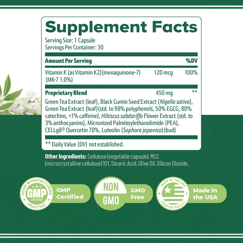 Flexigenics – Natural Support Formula with Green Tea Extract, Black Cumin Seed & Vitamin K2 – Non-GMO, Easy-to-Take – 30 Capsules, 1 Month Supply - TrustMedUSA