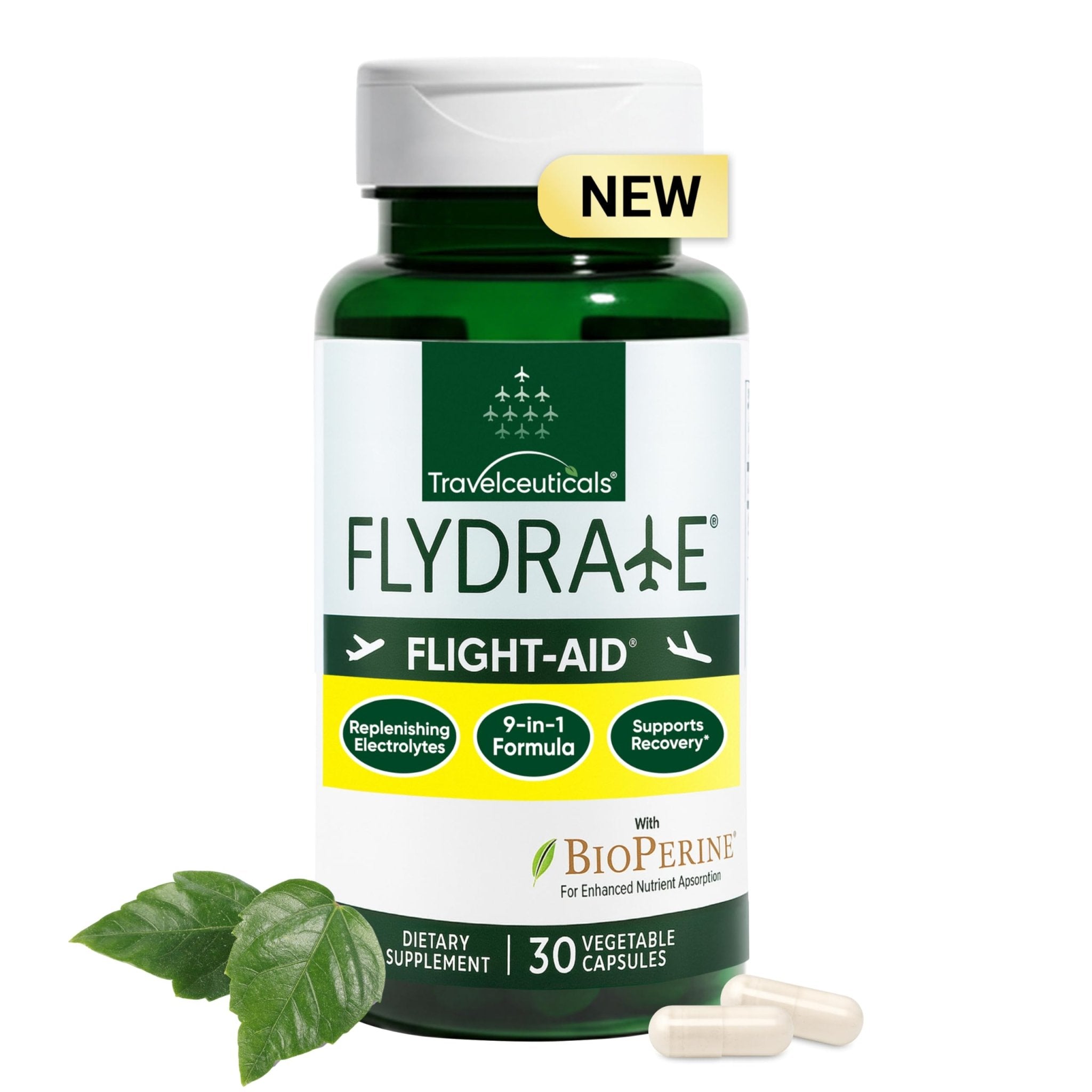 Flight-Aid | Replenishing Electrolyte Hydration Capsules Made for Travel, Jet Lag, Fatigue & Recovery | 9-in-1 Formula with Essential Electrolytes, Vitamins, Minerals & Bioperine® | 30 Capsules - TrustMedUSA