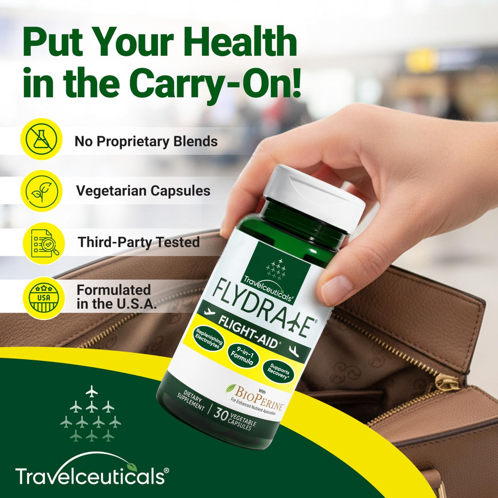 Flight-Aid | Replenishing Electrolyte Hydration Capsules Made for Travel, Jet Lag, Fatigue & Recovery | 9-in-1 Formula with Essential Electrolytes, Vitamins, Minerals & Bioperine® | 30 Capsules - TrustMedUSA