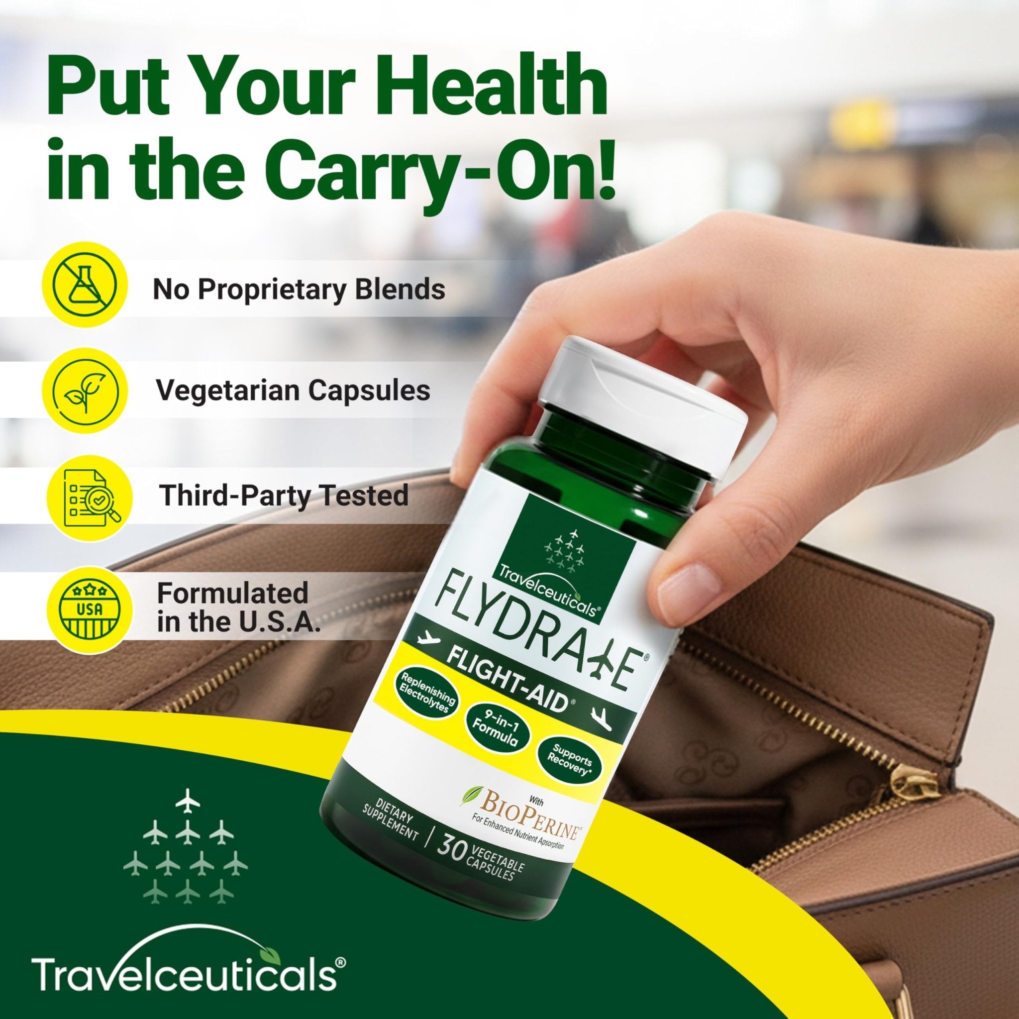 Flight-Aid | Replenishing Electrolyte Hydration Capsules Made for Travel, Jet Lag, Fatigue & Recovery | 9-in-1 Formula with Essential Electrolytes, Vitamins, Minerals & Bioperine® | 30 Capsules - TrustMedUSA