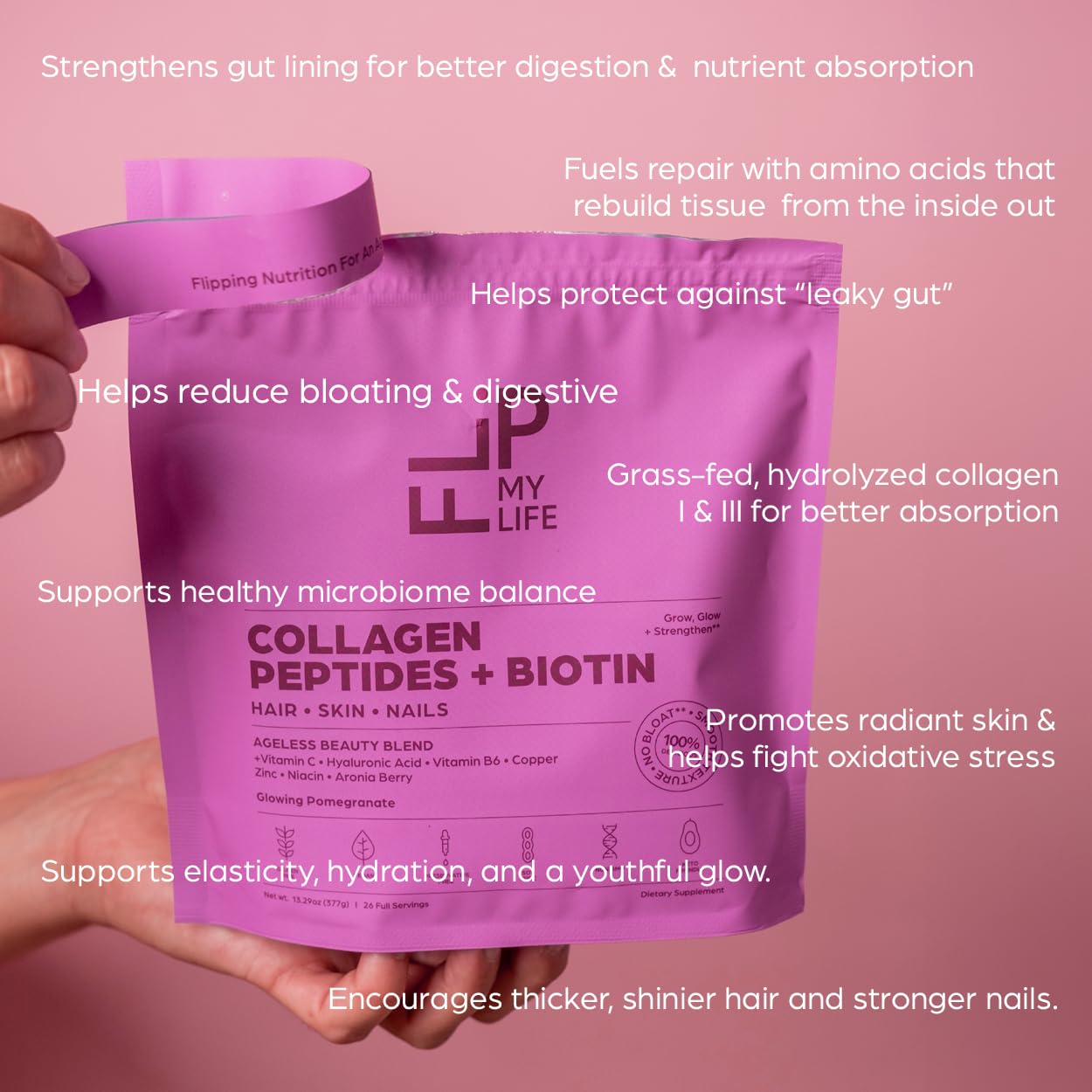 Flip My Life Collagen Peptides + Biotin, Hyaluronic Acid & Vitamin C - For Hair, Skin, Nails - Gut Health/Joint Support - Ageless Beauty Blend Supplement Powder for Men/Women - 9g Protein—26 Servings - TrustMedUSA