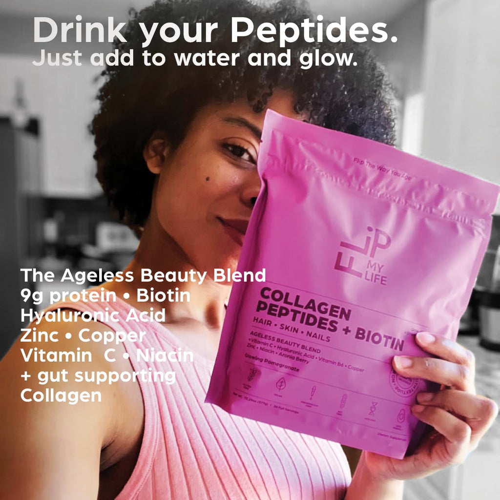 Flip My Life Collagen Peptides + Biotin, Hyaluronic Acid & Vitamin C - For Hair, Skin, Nails - Gut Health/Joint Support - Ageless Beauty Blend Supplement Powder for Men/Women - 9g Protein—26 Servings - TrustMedUSA