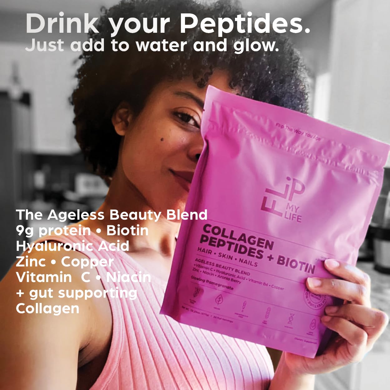 Flip My Life Collagen Peptides + Biotin, Hyaluronic Acid & Vitamin C - For Hair, Skin, Nails - Gut Health/Joint Support - Ageless Beauty Blend Supplement Powder for Men/Women - 9g Protein—26 Servings - TrustMedUSA