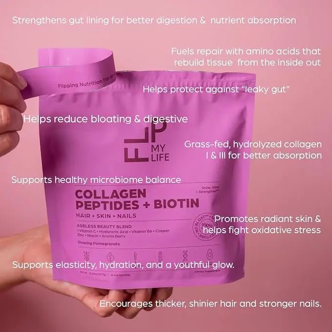Flip My Life Collagen Peptides + Biotin, Hyaluronic Acid & Vitamin C - For Hair, Skin, Nails - Gut Health/Joint Support - Ageless Beauty Blend Supplement Powder for Men/Women - 9g Protein—26 Servings - TrustMedUSA