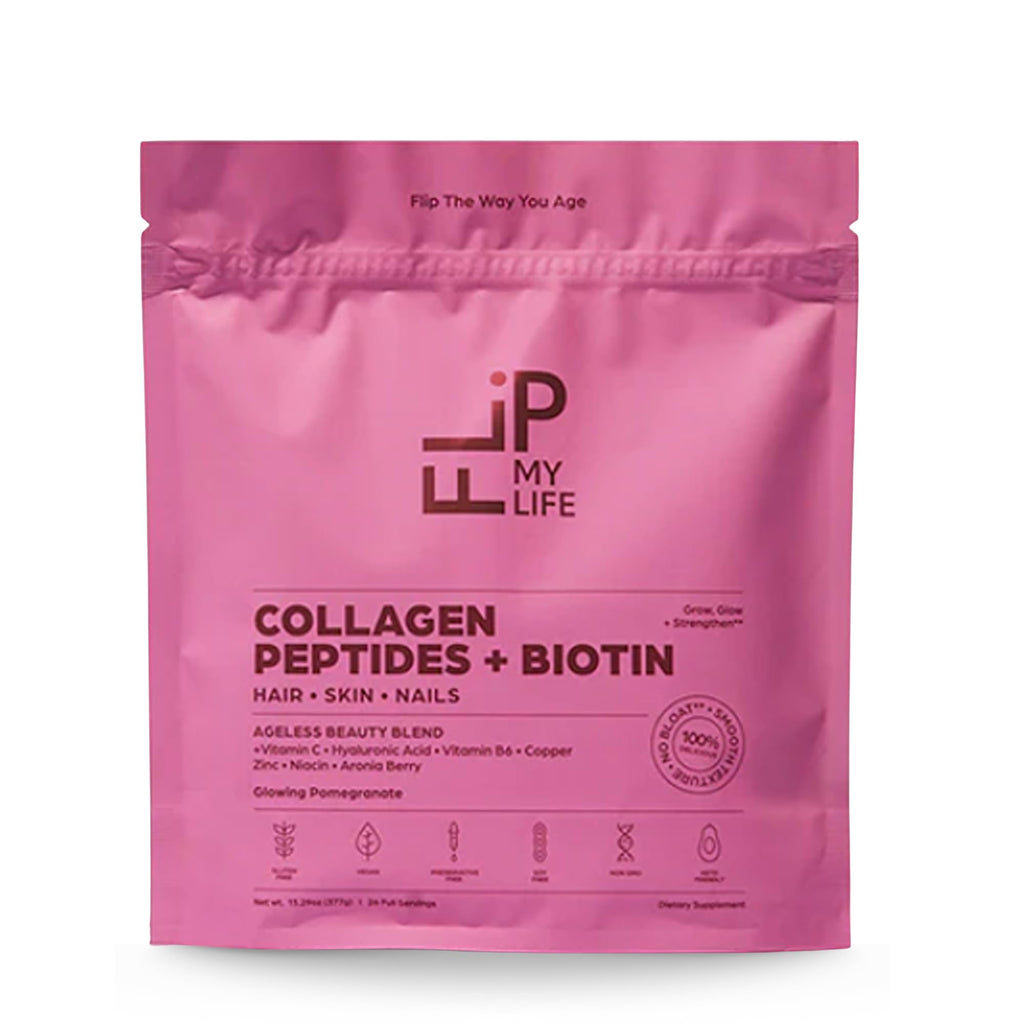 Flip My Life Collagen Peptides + Biotin, Hyaluronic Acid & Vitamin C - For Hair, Skin, Nails - Gut Health/Joint Support - Ageless Beauty Blend Supplement Powder for Men/Women - 9g Protein—26 Servings - TrustMedUSA