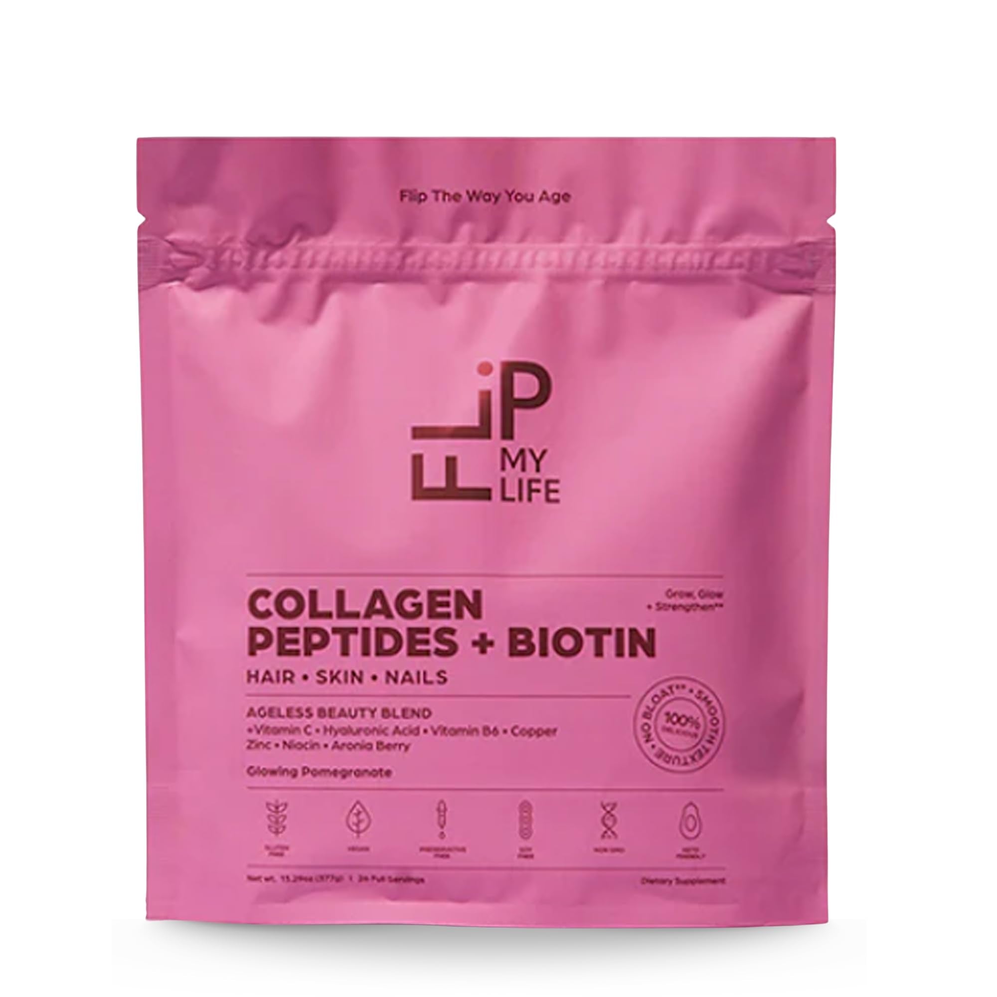 Flip My Life Collagen Peptides + Biotin, Hyaluronic Acid & Vitamin C - For Hair, Skin, Nails - Gut Health/Joint Support - Ageless Beauty Blend Supplement Powder for Men/Women - 9g Protein—26 Servings - TrustMedUSA
