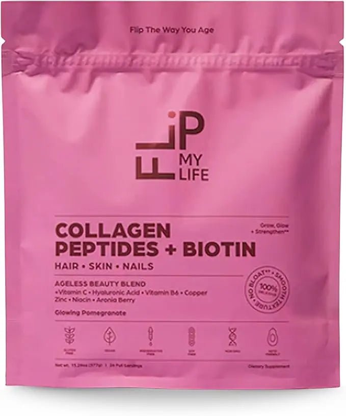 Flip My Life Collagen Peptides + Biotin, Hyaluronic Acid & Vitamin C - For Hair, Skin, Nails - Gut Health/Joint Support - Ageless Beauty Blend Supplement Powder for Men/Women - 9g Protein—26 Servings - TrustMedUSA