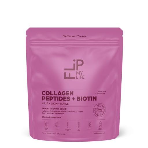 Flip My Life Collagen Peptides + Biotin, Hyaluronic Acid & Vitamin C - For Hair, Skin, Nails - Gut Health/Joint Support - Ageless Beauty Blend Supplement Powder for Men/Women - 9g Protein—26 Servings - TrustMedUSA