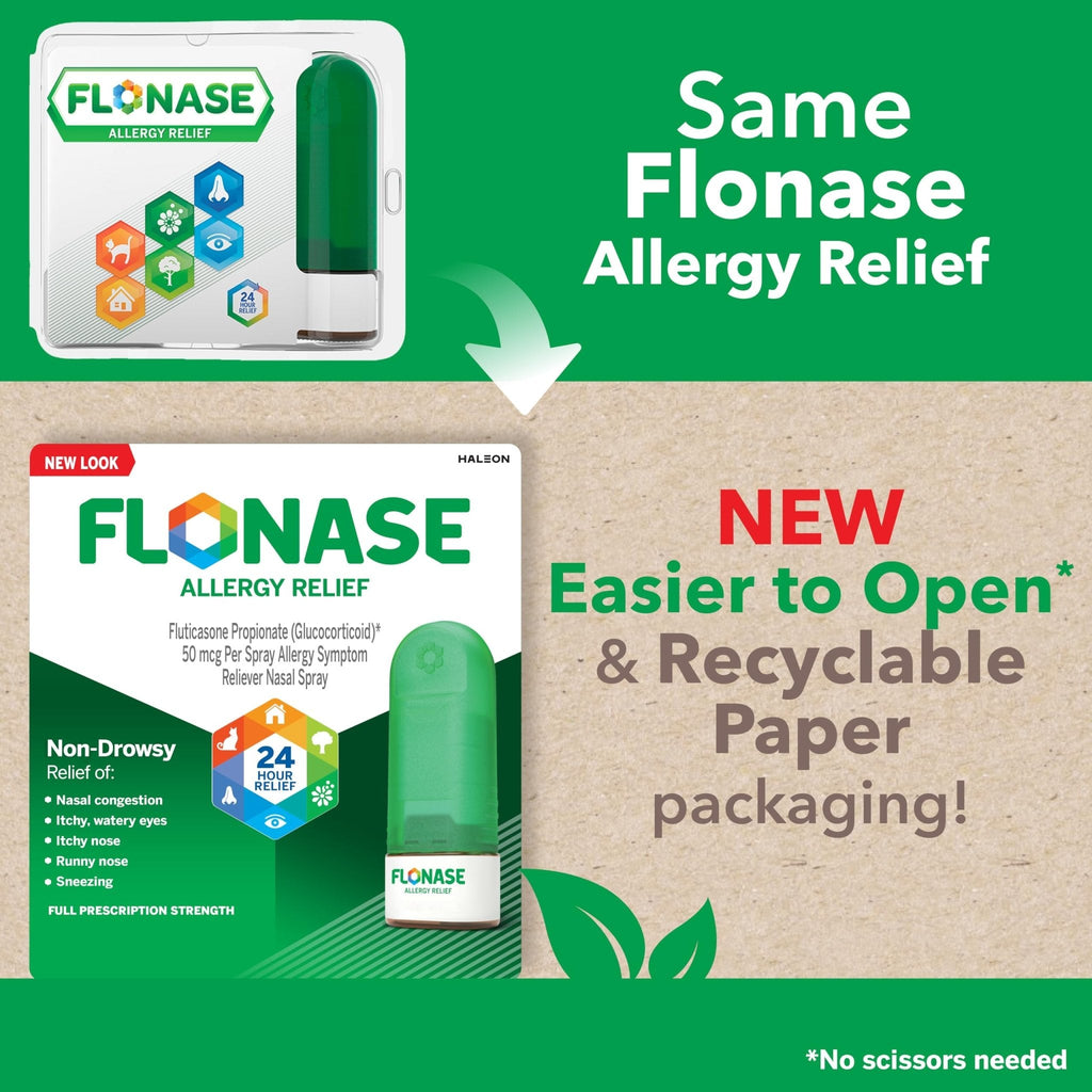 Flonase Allergy Relief Nasal Spray, 24 Hour Non Drowsy Allergy Medicine, Metered Nasal Spray - 72 Sprays - Fall and Seasonal Allergy Relief - Maple Wellness Supplements