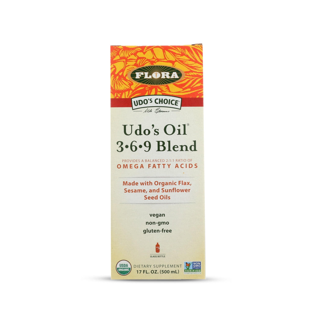 Flora - Udo's Choice Omega 369 Oil Blend, Made with Organic Flax, Sesame & Sunflower Seed Oils, Plant-Based Vegan Omega Fatty Acids, Based on Ideal 2:1:1 Ratio, 17-fl, oz. Glass Bottle - TrustMedUSA