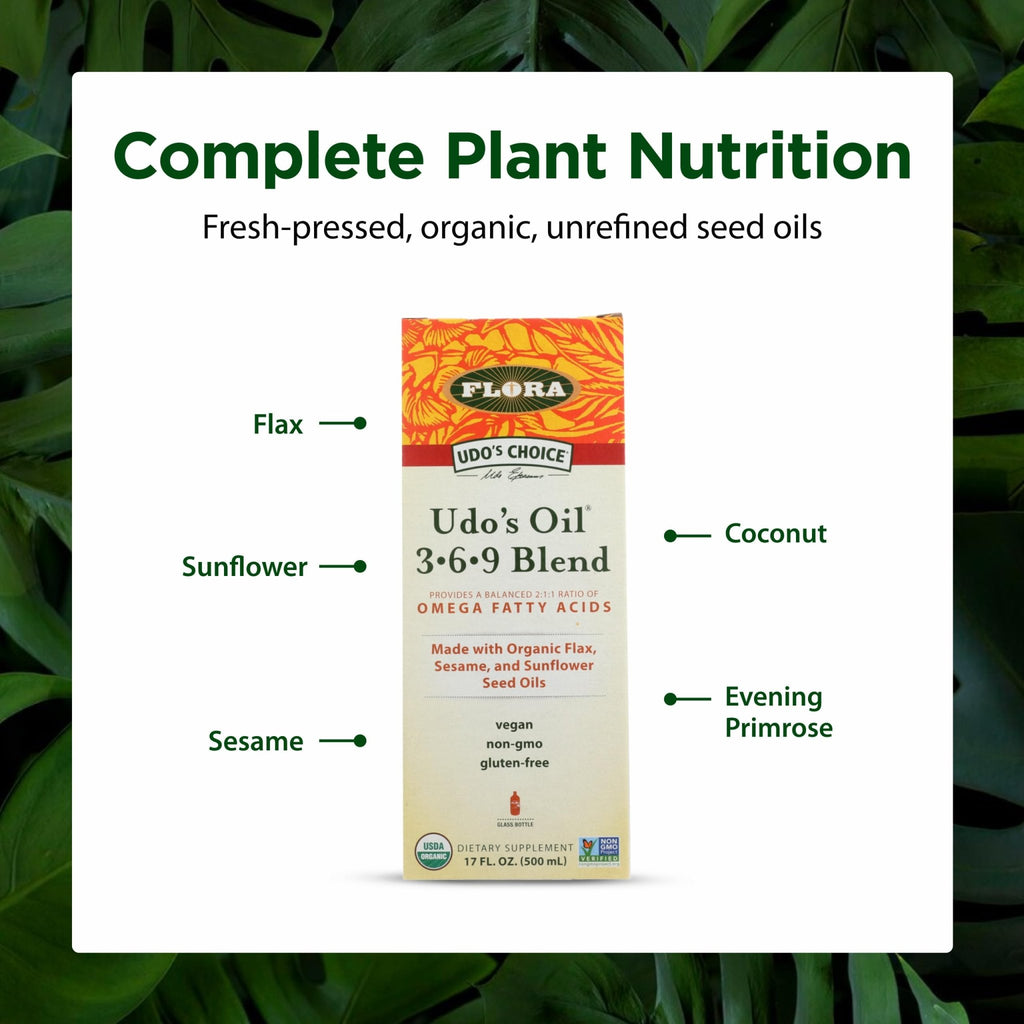 Flora - Udo's Choice Omega 369 Oil Blend, Made with Organic Flax, Sesame & Sunflower Seed Oils, Plant-Based Vegan Omega Fatty Acids, Based on Ideal 2:1:1 Ratio, 17-fl, oz. Glass Bottle - TrustMedUSA