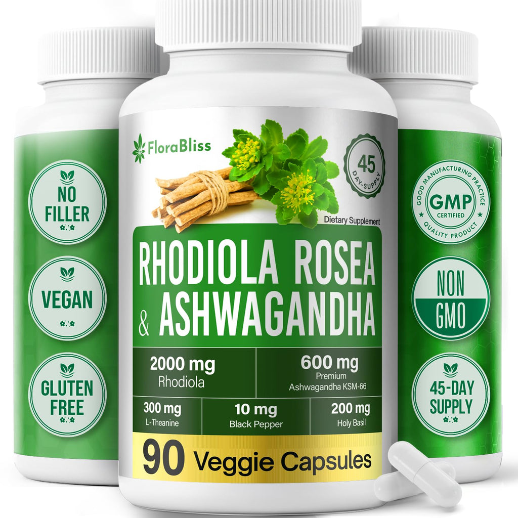 FloraBliss Rhodiola Rosea with Ashwagandha KSM-66, L-Theanine, Holy Basil & Black Pepper - 90 High Potency Vegan Capsules - 45-Day Supply - TrustMedUSA