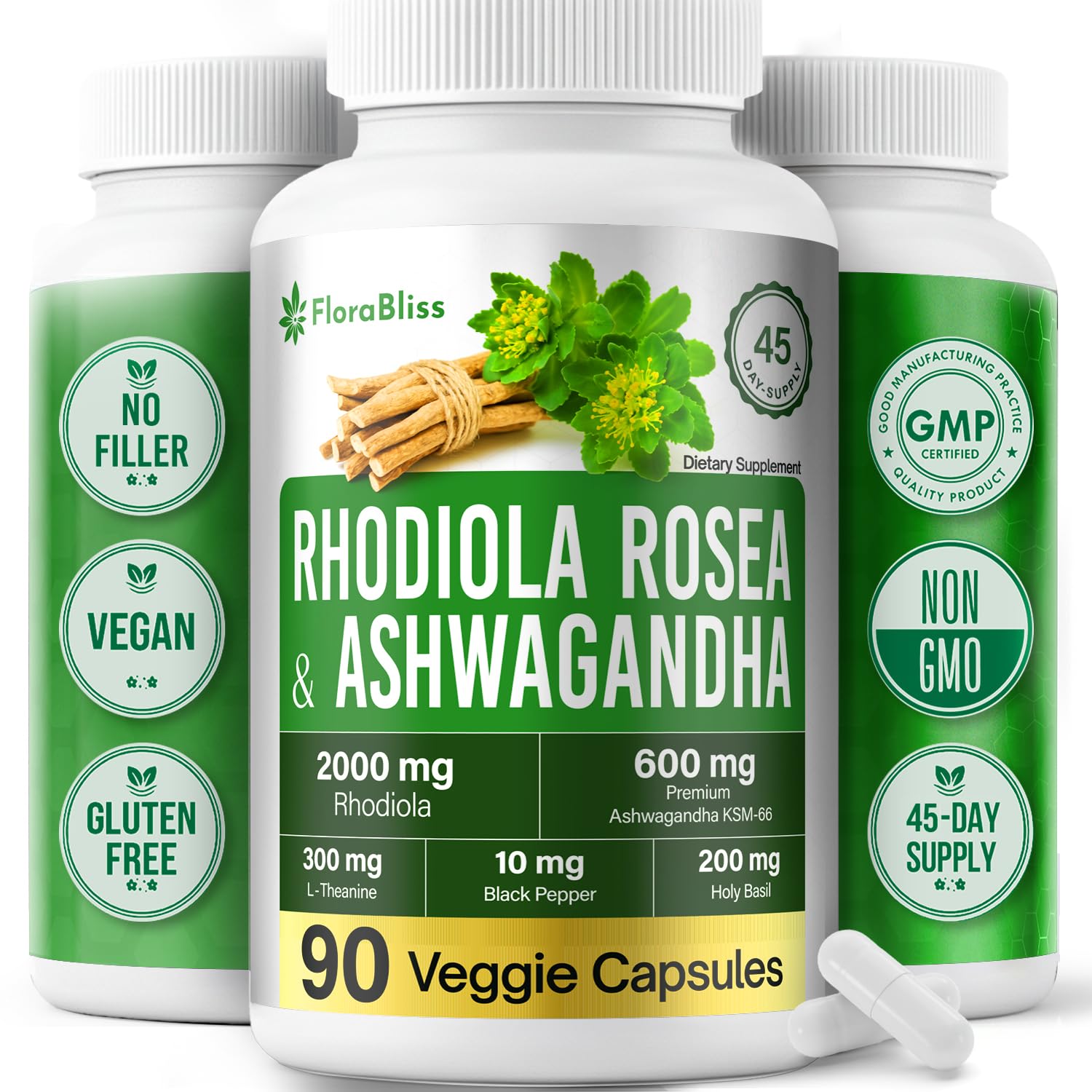 FloraBliss Rhodiola Rosea with Ashwagandha KSM-66, L-Theanine, Holy Basil & Black Pepper - 90 High Potency Vegan Capsules - 45-Day Supply - TrustMedUSA