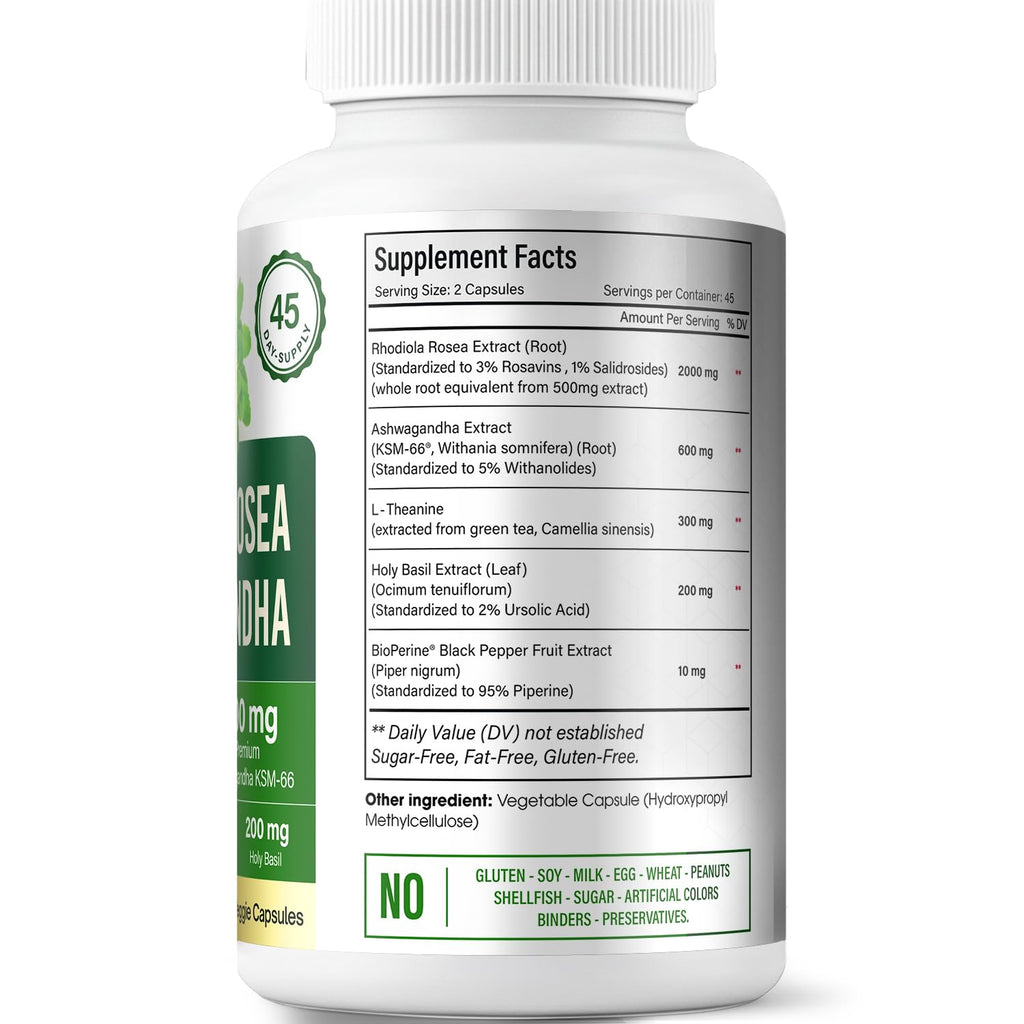 FloraBliss Rhodiola Rosea with Ashwagandha KSM-66, L-Theanine, Holy Basil & Black Pepper - 90 High Potency Vegan Capsules - 45-Day Supply - TrustMedUSA