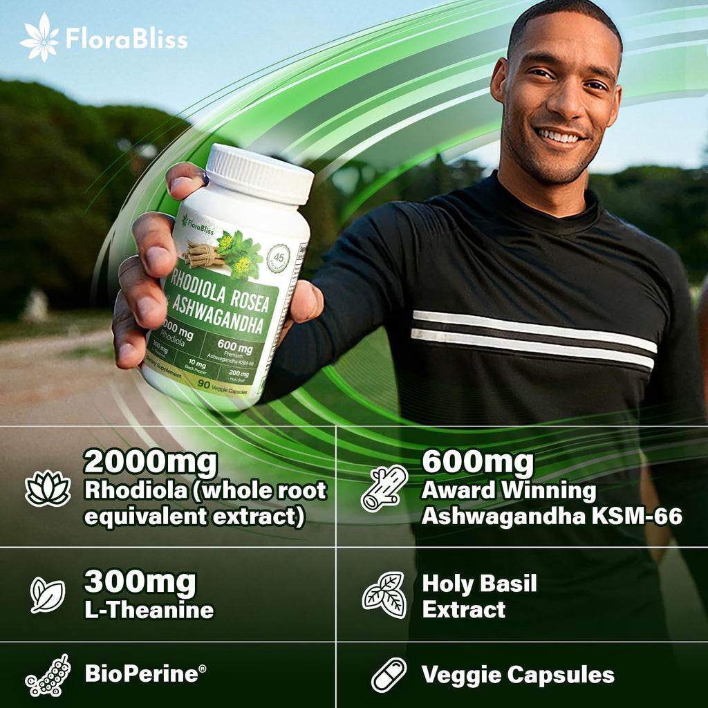 FloraBliss Rhodiola Rosea with Ashwagandha KSM-66, L-Theanine, Holy Basil & Black Pepper - 90 High Potency Vegan Capsules - 45-Day Supply - TrustMedUSA