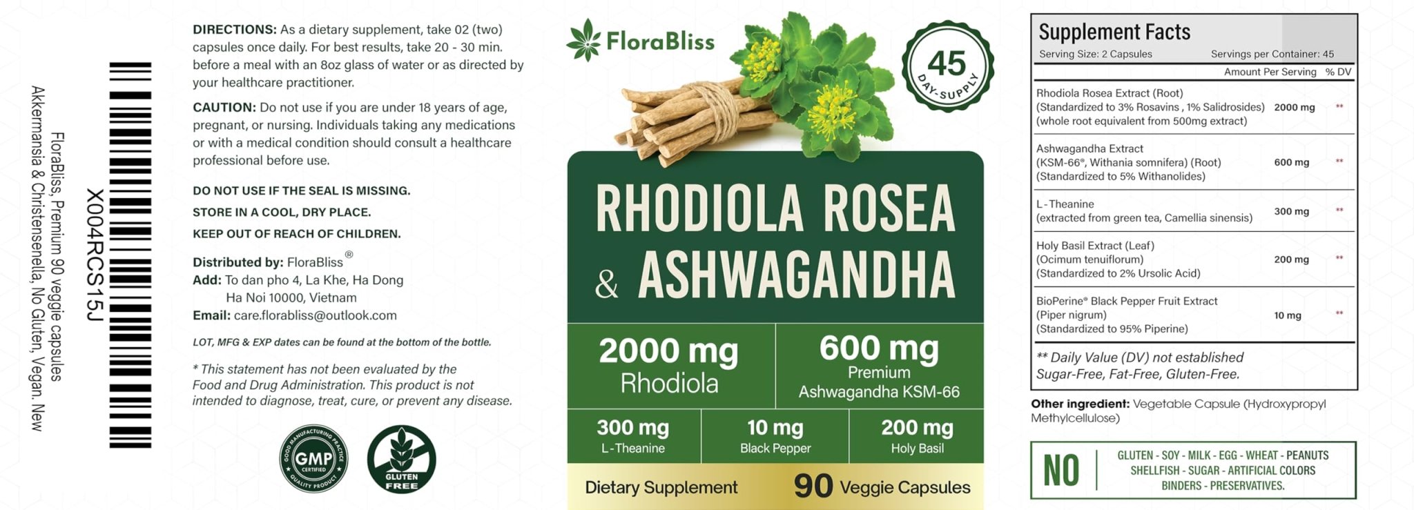 FloraBliss Rhodiola Rosea with Ashwagandha KSM-66, L-Theanine, Holy Basil & Black Pepper - 90 High Potency Vegan Capsules - 45-Day Supply - TrustMedUSA