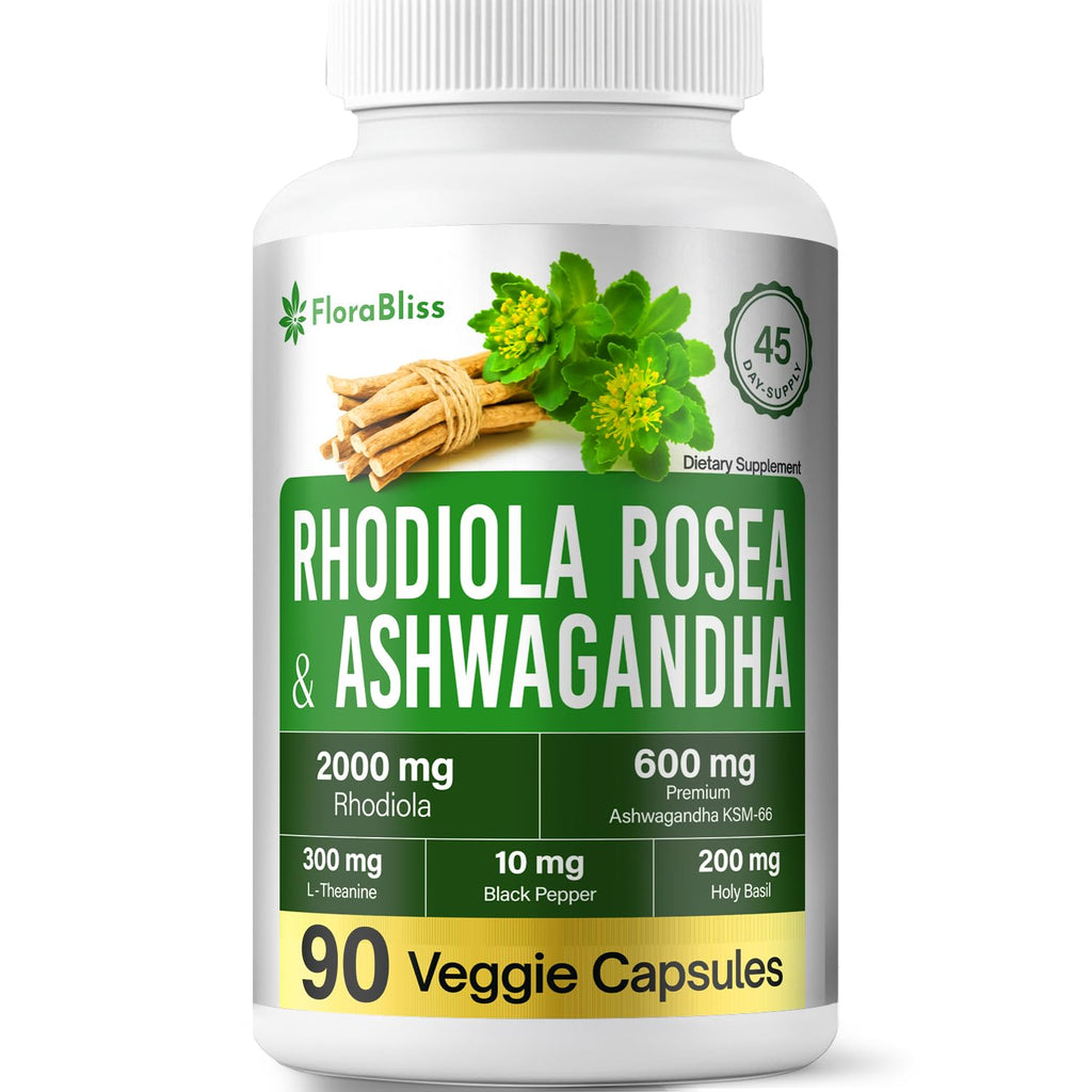FloraBliss Rhodiola Rosea with Ashwagandha KSM-66, L-Theanine, Holy Basil & Black Pepper - 90 High Potency Vegan Capsules - 45-Day Supply - TrustMedUSA