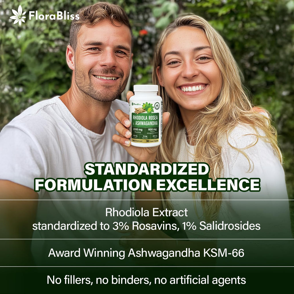 FloraBliss Rhodiola Rosea with Ashwagandha KSM-66, L-Theanine, Holy Basil & Black Pepper - 90 High Potency Vegan Capsules - 45-Day Supply - TrustMedUSA