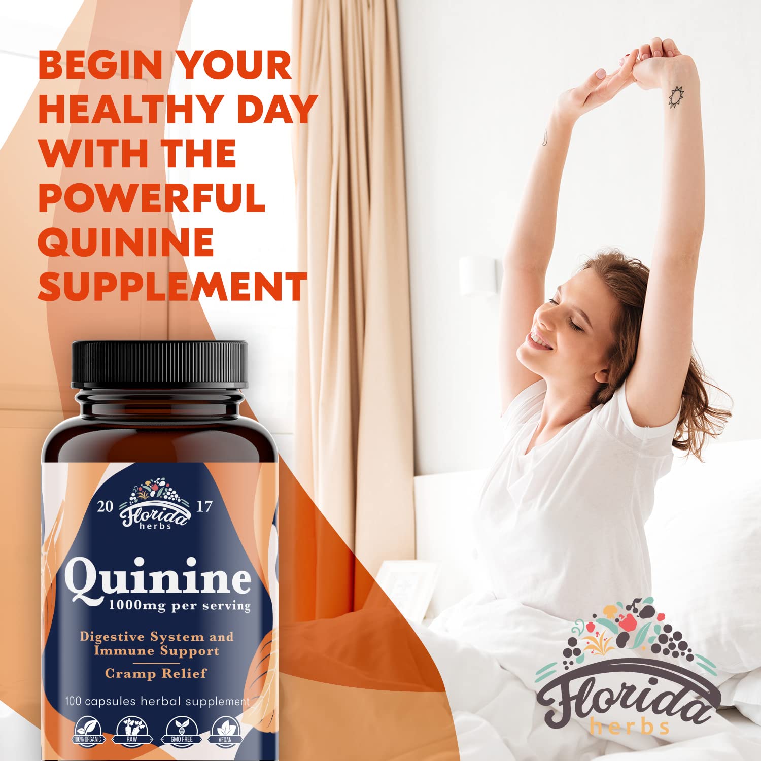 FLORIDA HERBS Quinine for Leg Cramps 1000 mg - 110 Capsules - Cinchona Bark Extract Supplement - Quinine Capsules - Vegan, Non - GMO - TrustMedUSA