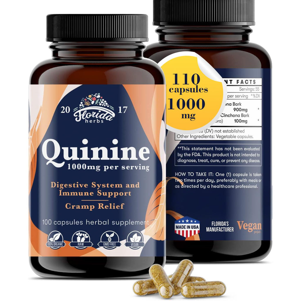 FLORIDA HERBS Quinine for Leg Cramps 1000 mg - 110 Capsules - Cinchona Bark Extract Supplement - Quinine Capsules - Vegan, Non - GMO - TrustMedUSA