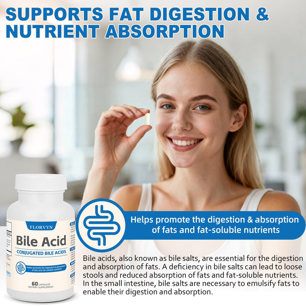 Florvyn Conjugated Bile Acid Supplement 1000mg – Supports Fat Digestion & Absorption of Fats & Fat-Soluble Nutrients, Gut Comfort & Nutrient Utilization, 60 Capsules, 30 Day Supply - TrustMedUSA