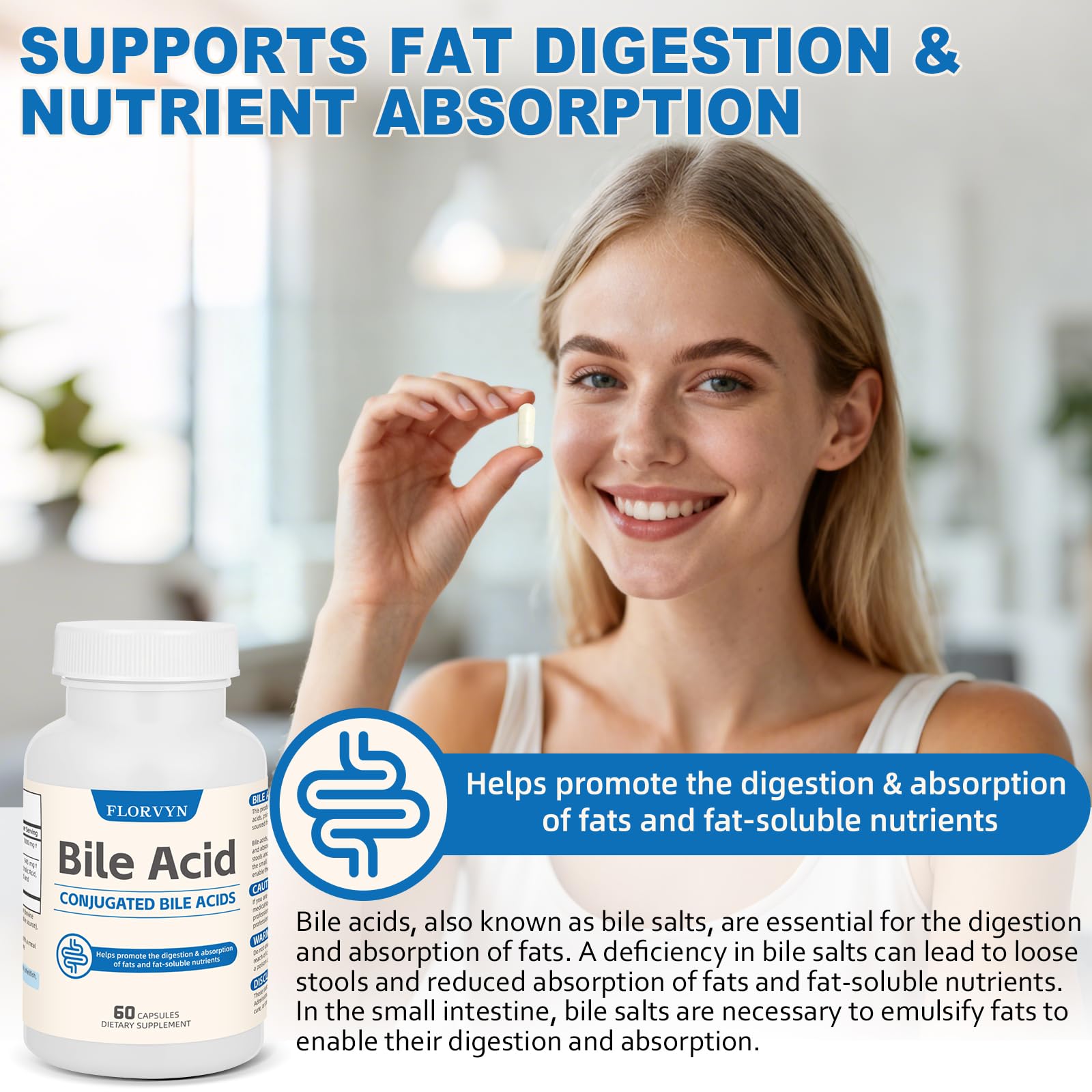 Florvyn Conjugated Bile Acid Supplement 1000mg – Supports Fat Digestion & Absorption of Fats & Fat-Soluble Nutrients, Gut Comfort & Nutrient Utilization, 60 Capsules, 30 Day Supply - TrustMedUSA