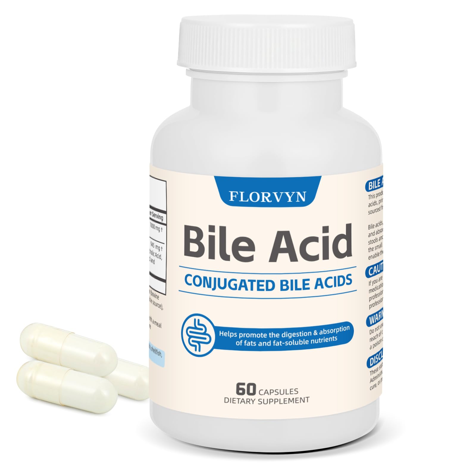 Florvyn Conjugated Bile Acid Supplement 1000mg – Supports Fat Digestion & Absorption of Fats & Fat-Soluble Nutrients, Gut Comfort & Nutrient Utilization, 60 Capsules, 30 Day Supply - TrustMedUSA