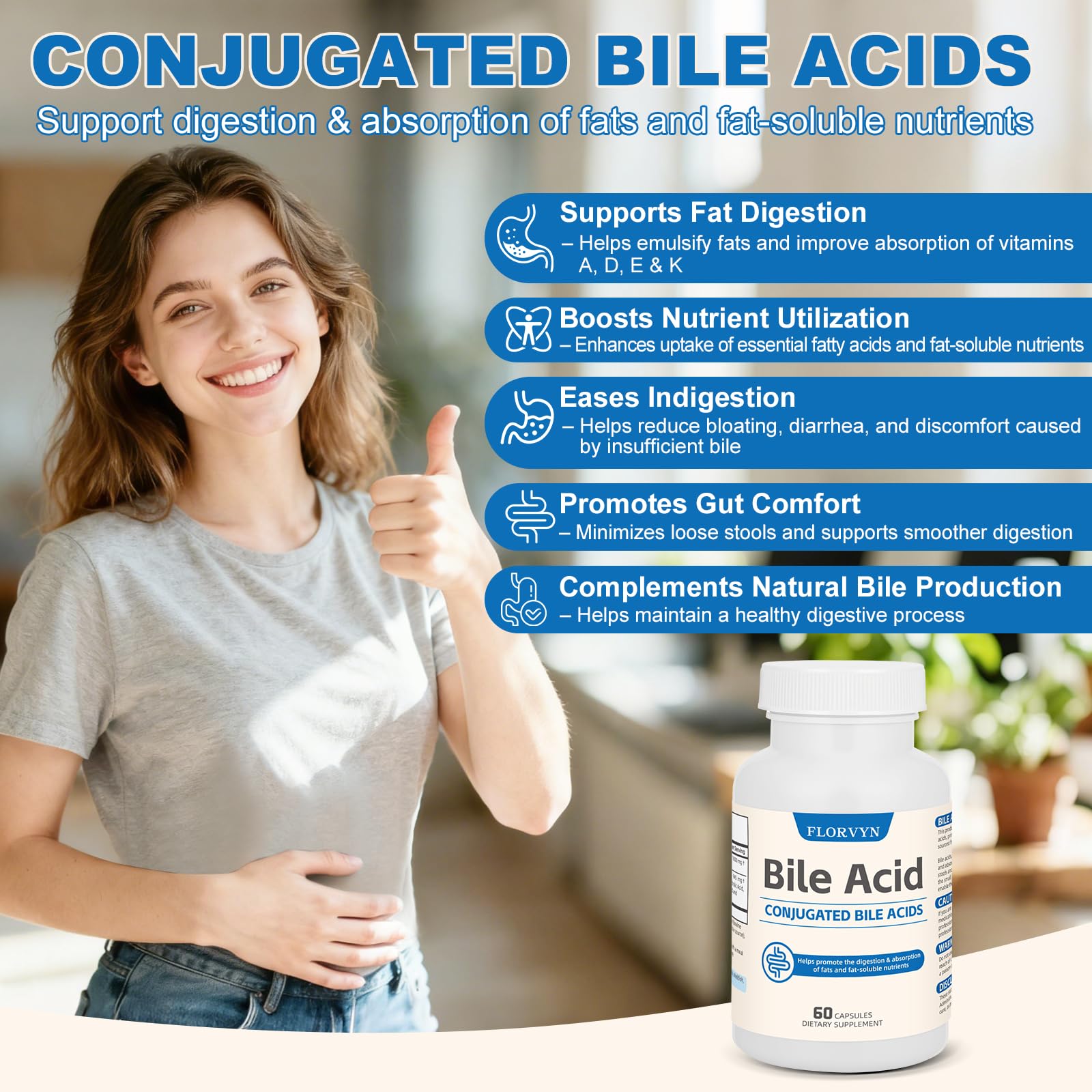 Florvyn Conjugated Bile Acid Supplement 1000mg – Supports Fat Digestion & Absorption of Fats & Fat-Soluble Nutrients, Gut Comfort & Nutrient Utilization, 60 Capsules, 30 Day Supply - TrustMedUSA