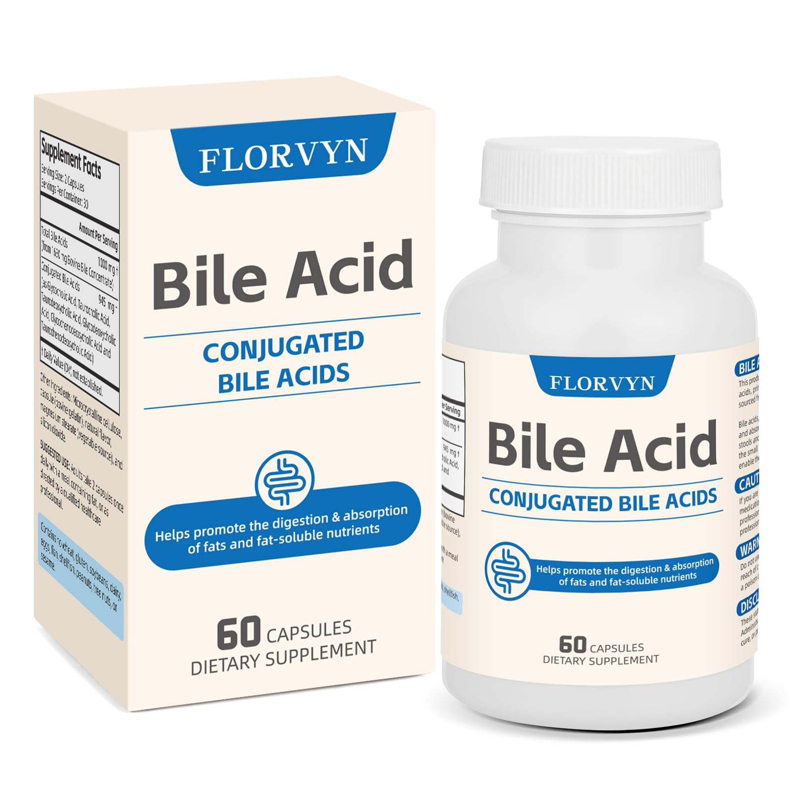 Florvyn Conjugated Bile Acid Supplement 1000mg – Supports Fat Digestion & Absorption of Fats & Fat-Soluble Nutrients, Gut Comfort & Nutrient Utilization, 60 Capsules, 30 Day Supply - TrustMedUSA