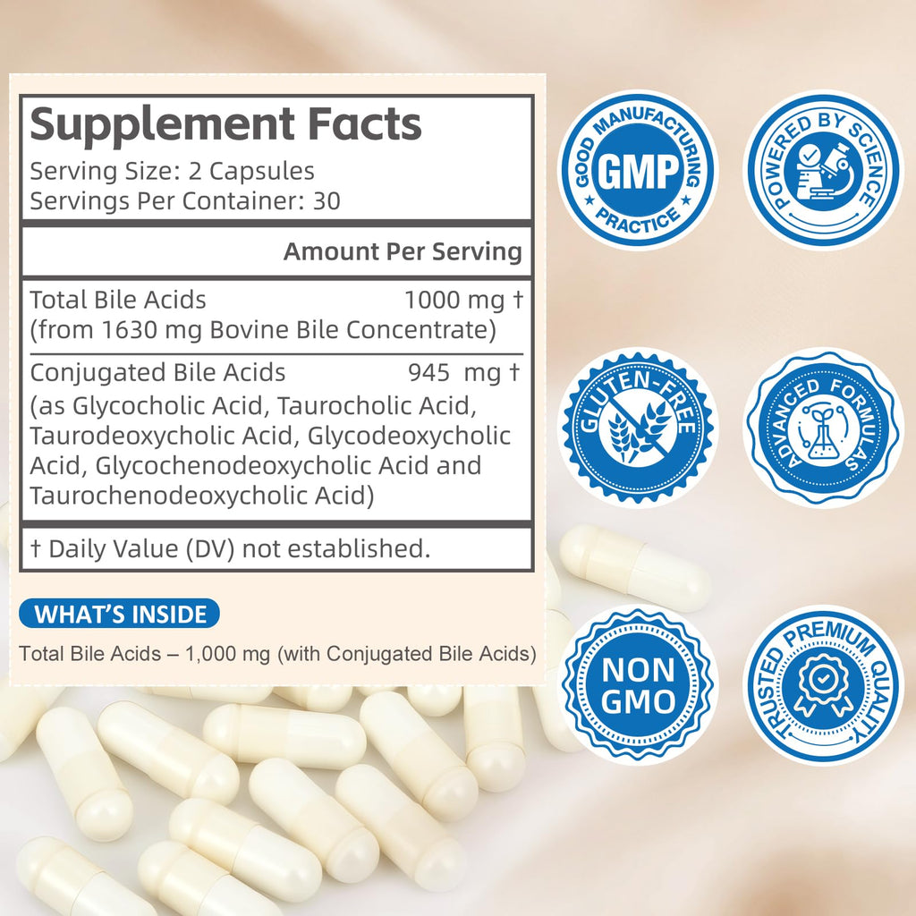 Florvyn Conjugated Bile Acid Supplement 1000mg – Supports Fat Digestion & Absorption of Fats & Fat-Soluble Nutrients, Gut Comfort & Nutrient Utilization, 60 Capsules, 30 Day Supply - TrustMedUSA