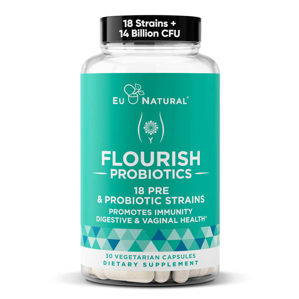 Flourish Probiotics + Prebiotics for Women - Gut and Digestion, Urinary Tract, Reduce Bloating, Vaginal Health - 18 Clinically Proven Strains, 14 Billion CFU - 30 Shelf-Stable Mini Vegan Capsules - Maple Wellness Supplements
