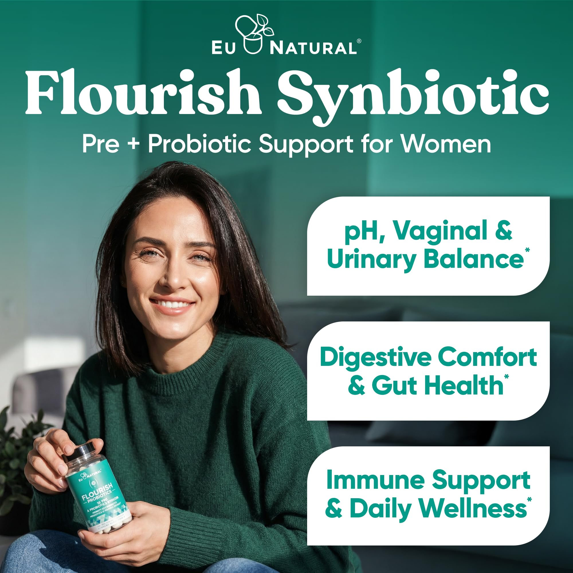 Flourish Probiotics + Prebiotics for Women - Gut and Digestion, Urinary Tract, Reduce Bloating, Vaginal Health - 18 Clinically Proven Strains, 14 Billion CFU - 30 Shelf-Stable Mini Vegan Capsules - Maple Wellness Supplements