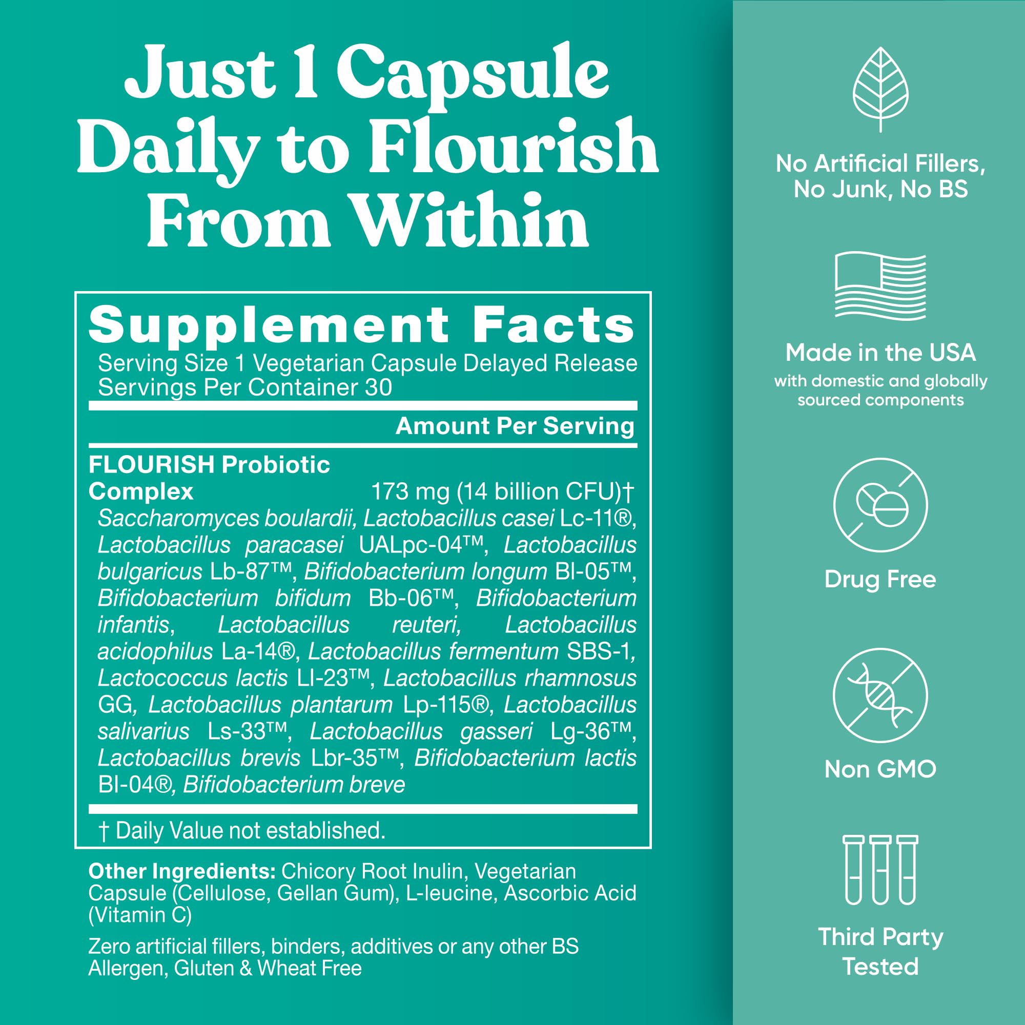 Flourish Probiotics + Prebiotics for Women - Gut and Digestion, Urinary Tract, Reduce Bloating, Vaginal Health - 18 Clinically Proven Strains, 14 Billion CFU - 30 Shelf-Stable Mini Vegan Capsules - Maple Wellness Supplements