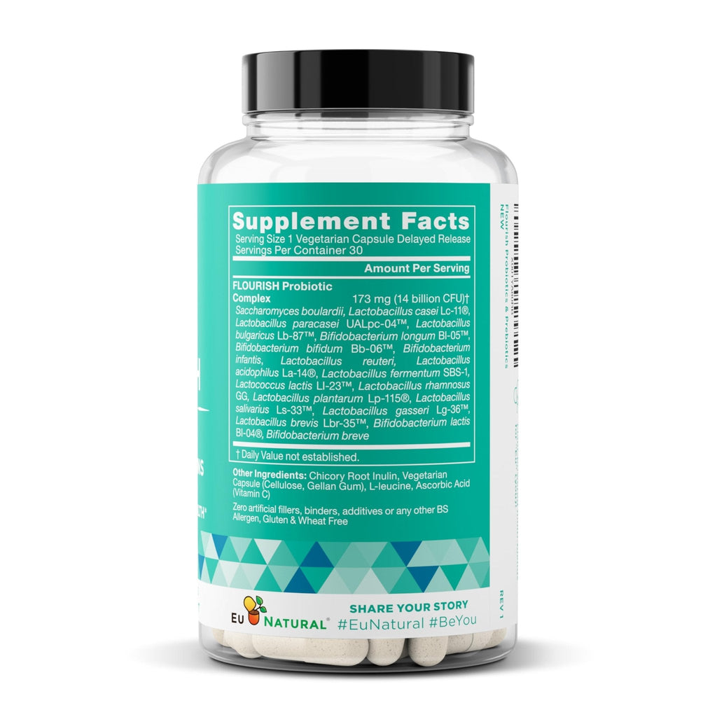 Flourish Probiotics + Prebiotics for Women - Gut and Digestion, Urinary Tract, Reduce Bloating, Vaginal Health - 18 Clinically Proven Strains, 14 Billion CFU - 30 Shelf-Stable Mini Vegan Capsules - Maple Wellness Supplements