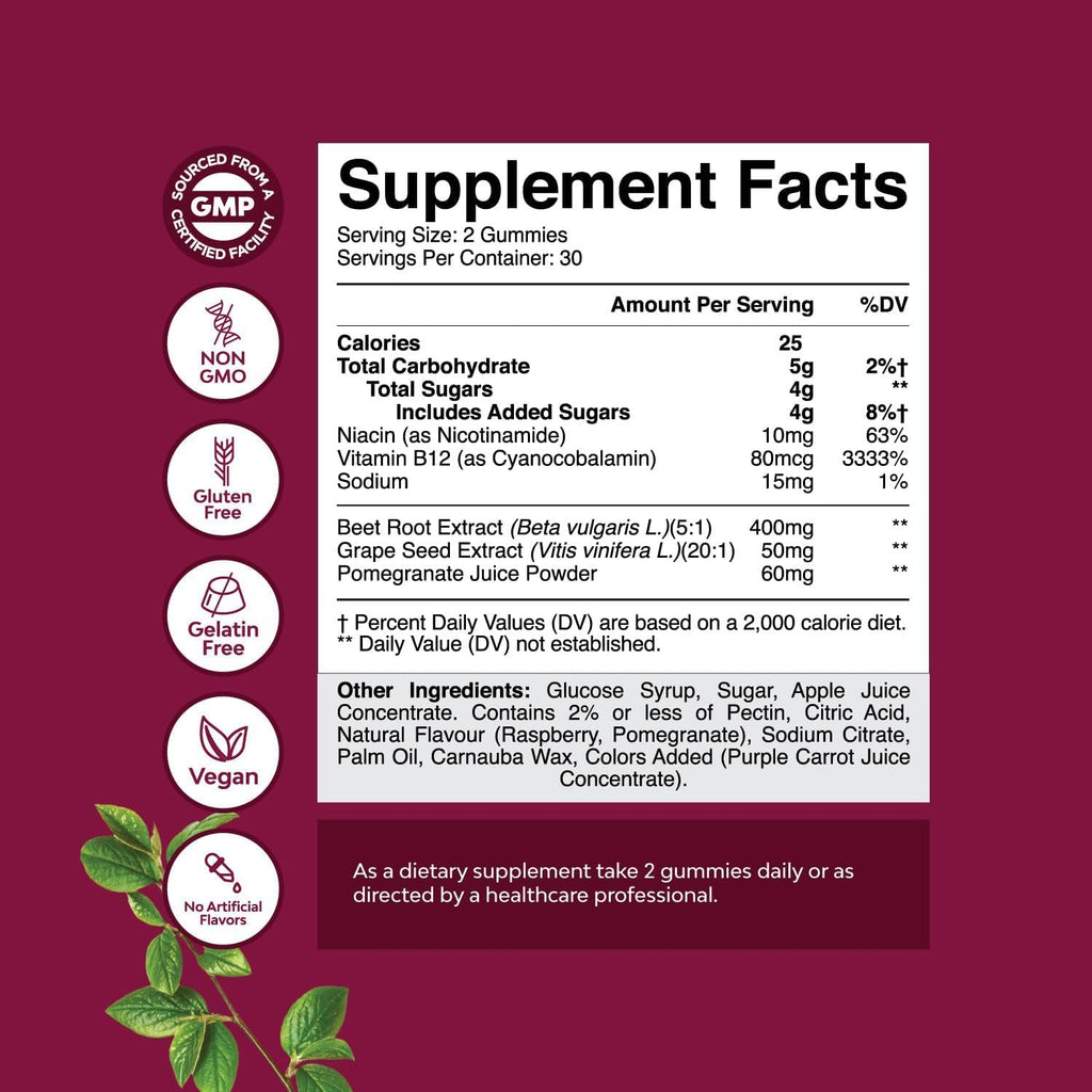 Flow Boosting Beet Root Gummies - Invigorating Beet Gummies for Adults Nitric Oxide Energy & Heart Health Support with Grapeseed Pomegranate & Vitamin B12 - Vegan Non-GMO & Gluten Free - 60 Count - TrustMedUSA