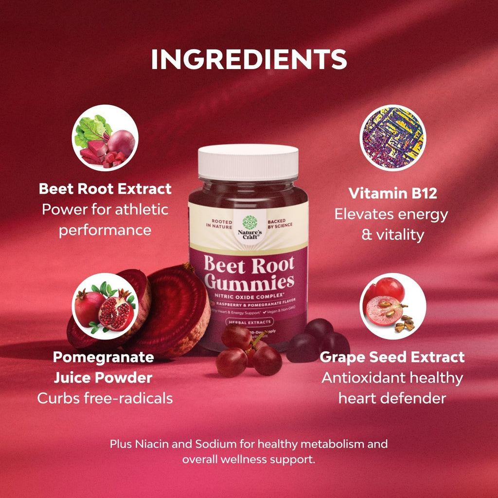 Flow Boosting Beet Root Gummies - Invigorating Beet Gummies for Adults Nitric Oxide Energy & Heart Health Support with Grapeseed Pomegranate & Vitamin B12 - Vegan Non-GMO & Gluten Free - 60 Count - TrustMedUSA