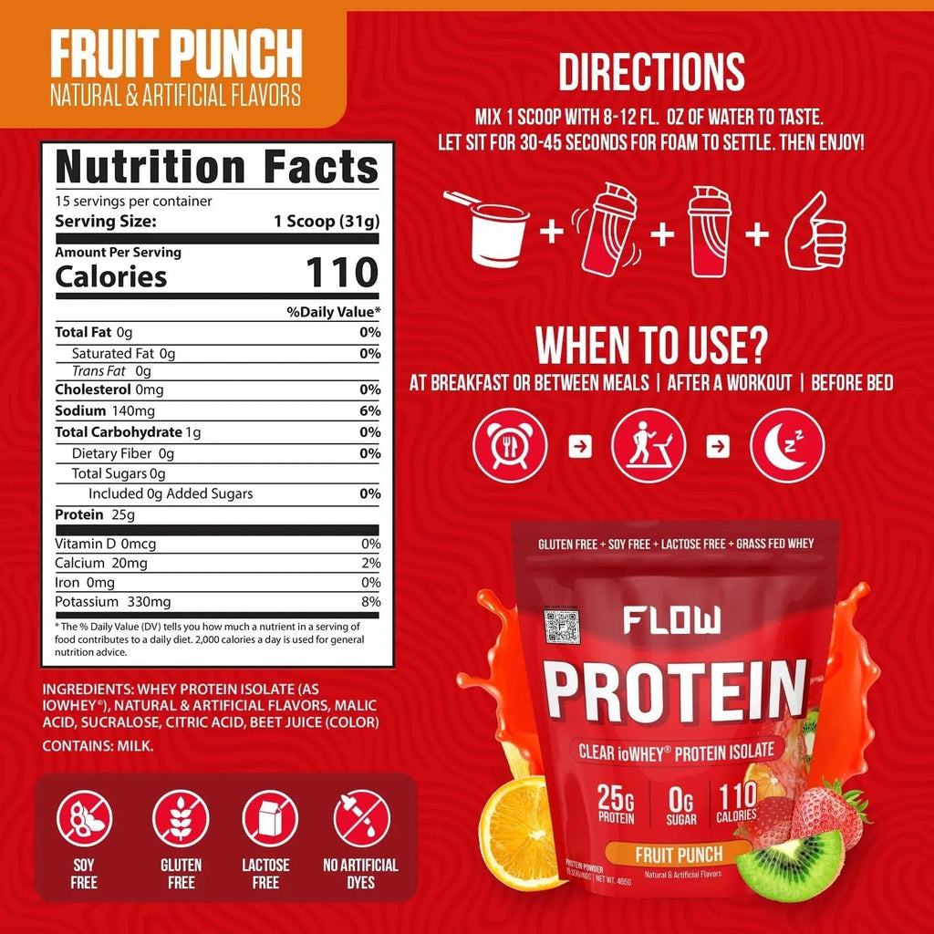 Flow Supps Clear Whey Isolate Protein Powder, Fruit Punch - 15 Servings, 25g Protein - TrustMedUSA