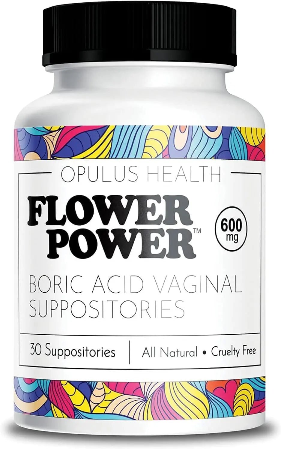 Flower Power Vegan Boric Acid Suppositories - 30 Capsules - 600mg for Vaginal Odor and pH Balance - Made in USA - TrustMedUSA