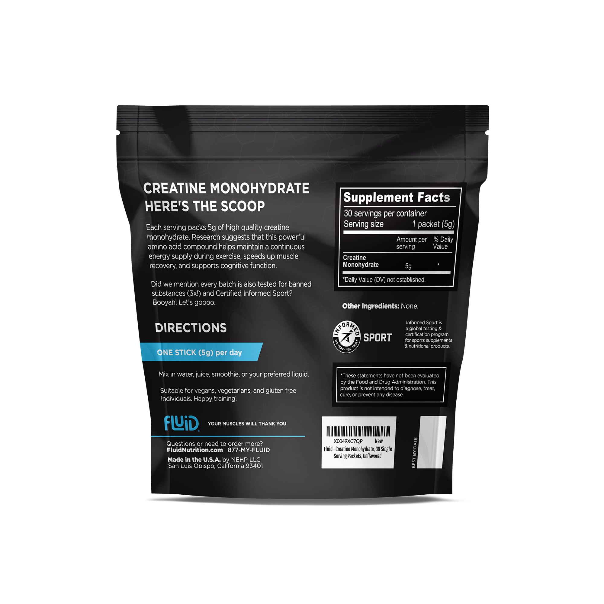 Fluid Creatine - Informed Sport Certified | Ultra-Fine Micronized 100% Creatine Monohydrate Powder | Unflavored | 5g Travel Stick Packs | 30 Servings - Maple Wellness Supplements