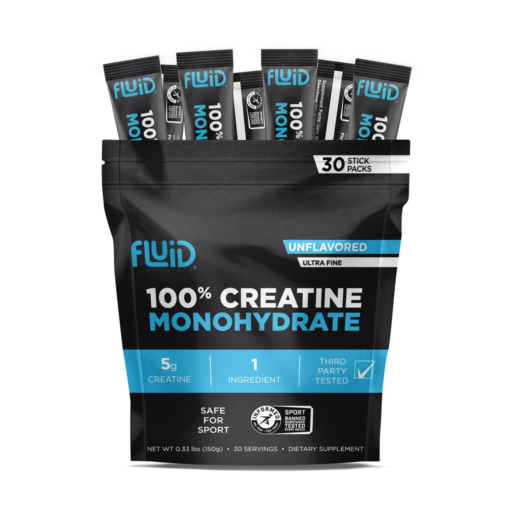 Fluid Creatine - Informed Sport Certified | Ultra-Fine Micronized 100% Creatine Monohydrate Powder | Unflavored | 5g Travel Stick Packs | 30 Servings - Maple Wellness Supplements